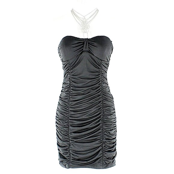 HKR $60 Sz S Black Ruched Silver Necklace Halter Poly Spandex Sexy Dress - Picture 1 of 6
